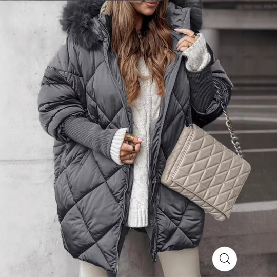 Damen Oversized Steppjacke mit abnehmbarem Kunstfellkragen EB