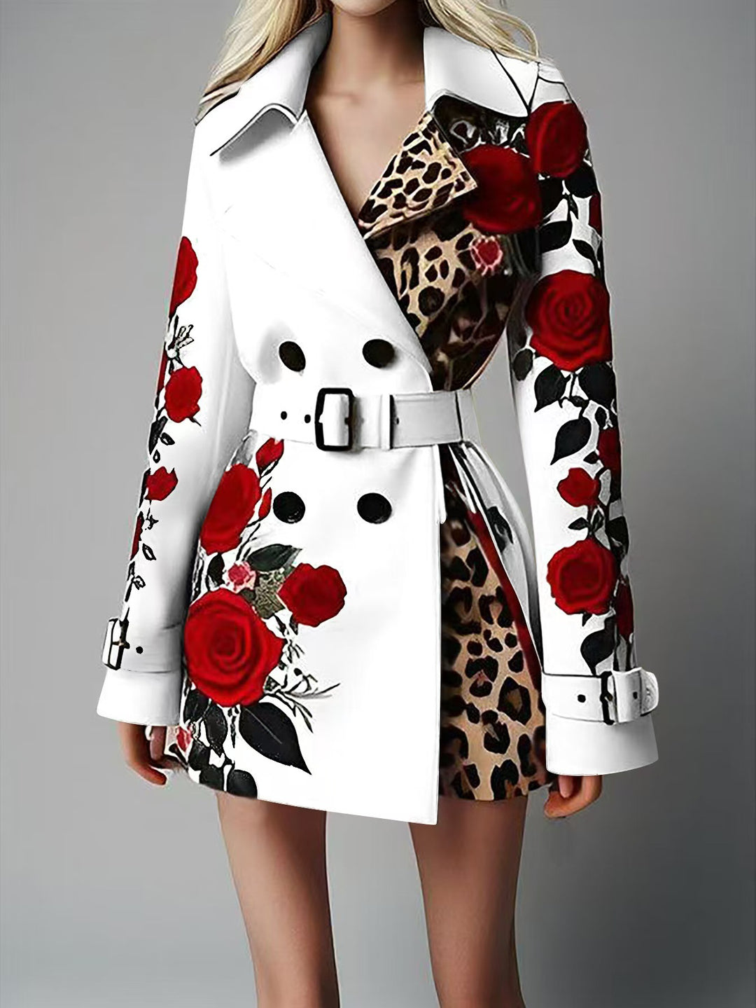Damen Taillierter Trenchcoat mit Rosenprint und Leoparden-Innenfutter EB