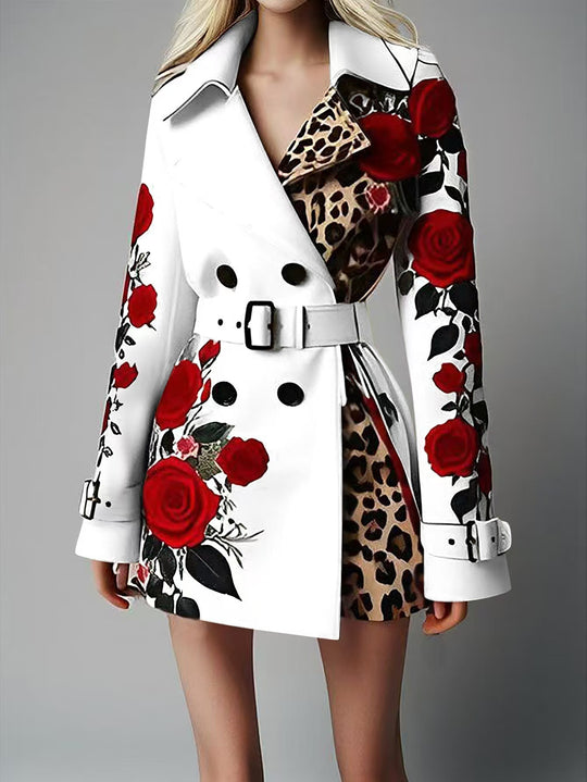 Damen Taillierter Trenchcoat mit Rosenprint und Leoparden-Innenfutter EB