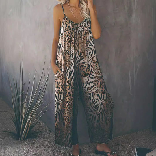 Damen Lockere Jumpsuit mit Animal-Print und praktischen Taschen EB