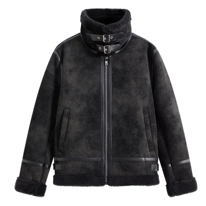 Herren Lammfellimitat Fliegerjacke mit hohem Kragen und Doppel-Schnallenverschluss EB