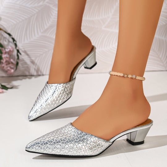 Damen elegante Mules mit gewobener Oberfläche und geschmeidigem Blockabsatz EB