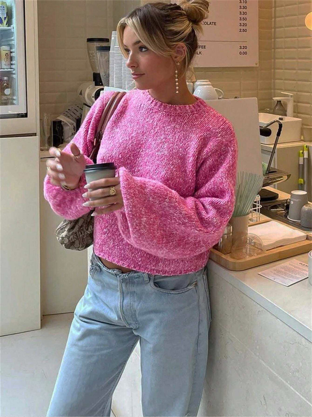 Damen Modischer Strickpullover mit weit geschnittenen Ärmeln EB