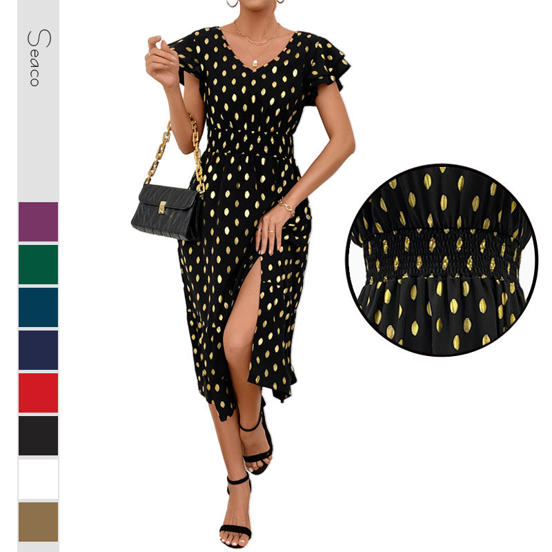 Damen Maxikleid mit Rüschendetails und schimmerndem Punktmuster EB