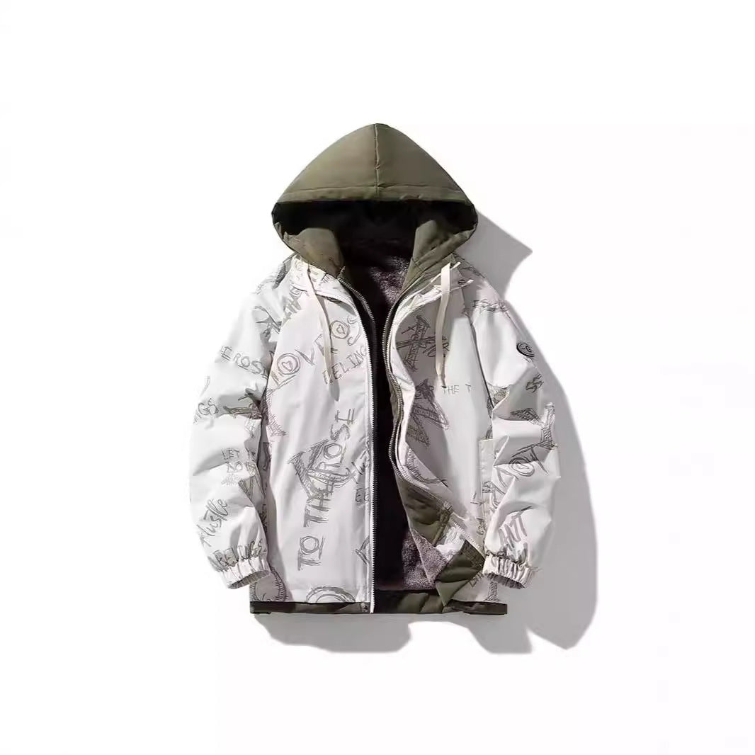 Herren Zweilagige Kapuzenjacke mit Fleece-Innenfutter und Allover-Sketch-Print EB