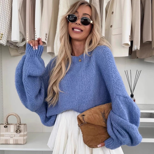 Damen Strickpullover mit voluminösen Ärmeln und feiner Struktur EB