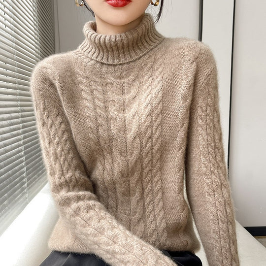 Damen Grobstrickpullover mit hohem Kragen und strukturiertem Zopfmuster EB