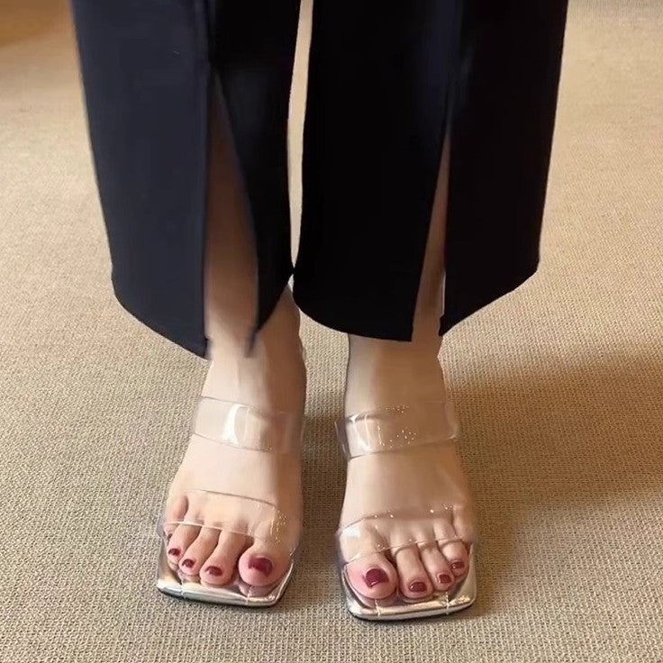 Damen elegante transparente Sandalen mit modischem Blockabsatz und rutschfester Sohle EB