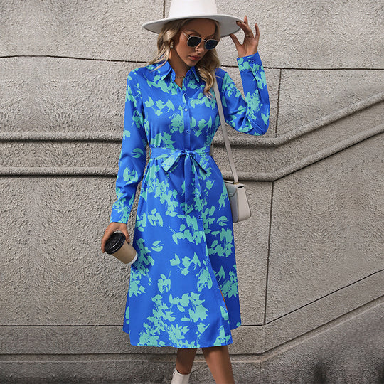 Damen langärmliges Maxikleid mit floralen Mustern und elegantem Gürtel EB