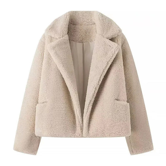 Damen kuschelige Plüschjacke mit klassischem Revers und praktischen Taschen EB
