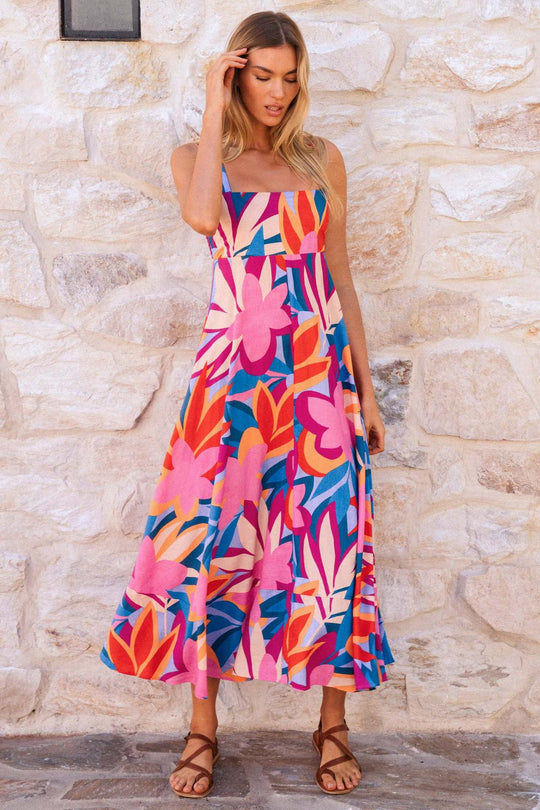 Damen Maxikleid mit Blumenmuster und verstellbaren Spaghettiträgern EB