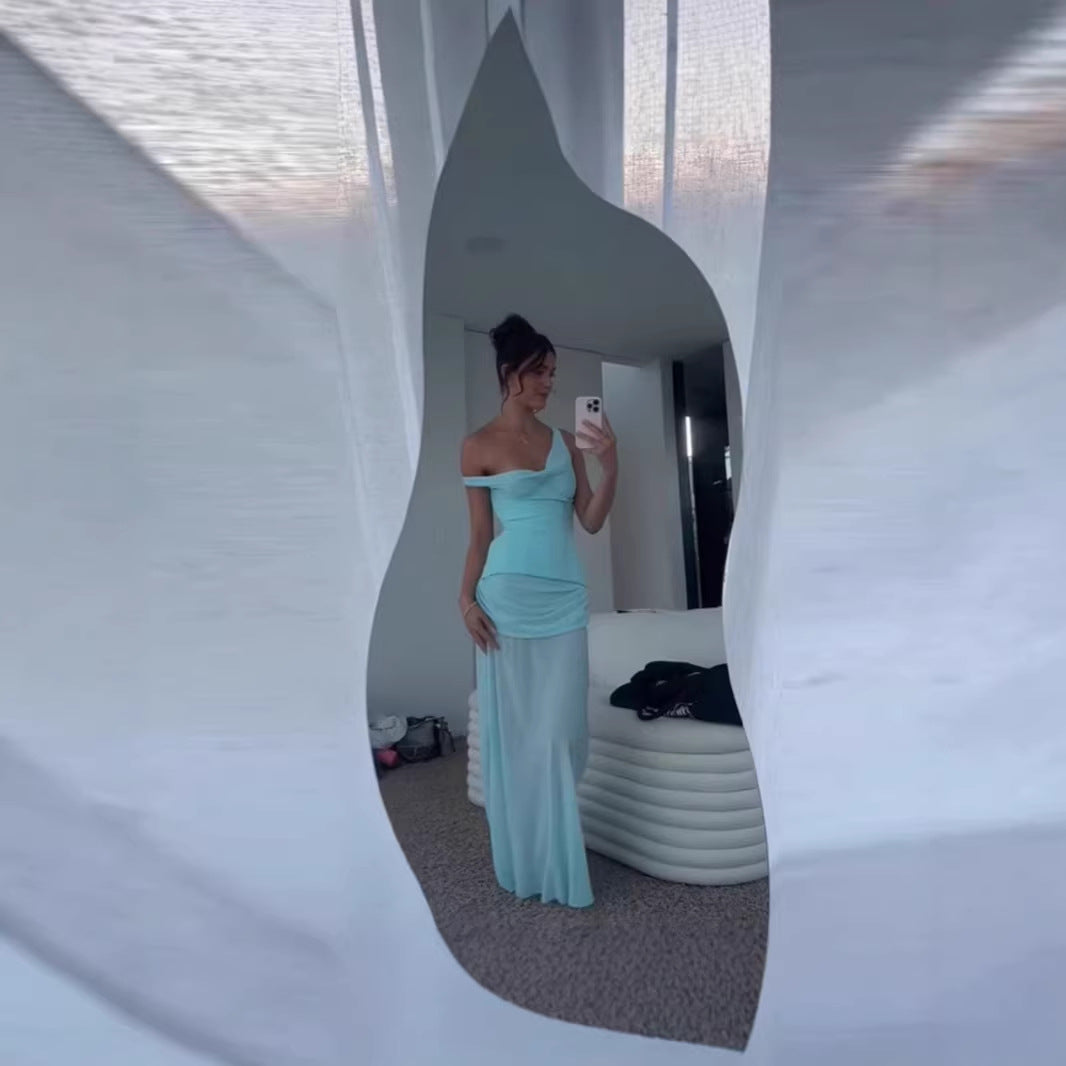 Damen elegantes Maxikleid mit Raffungen und asymmetrischem Ausschnitt EB