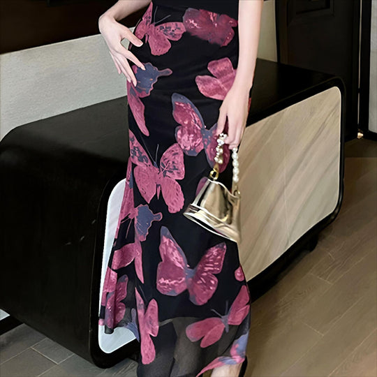 Damen elegantes Maxikleid mit floralem Schmetterlingsmuster und fließendem Stoff EB