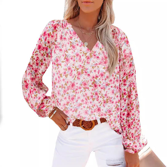Damen Bluse mit floralen Mustern und V-Ausschnitt EB