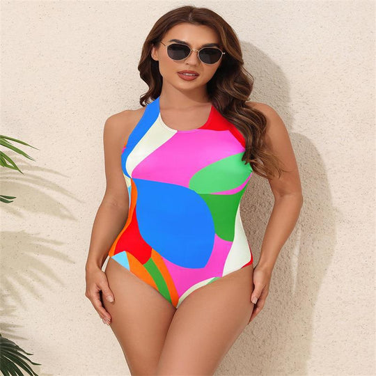 Damen Einteiliger Badeanzug mit buntem geometrischen Muster und hohem Beinausschnitt EB