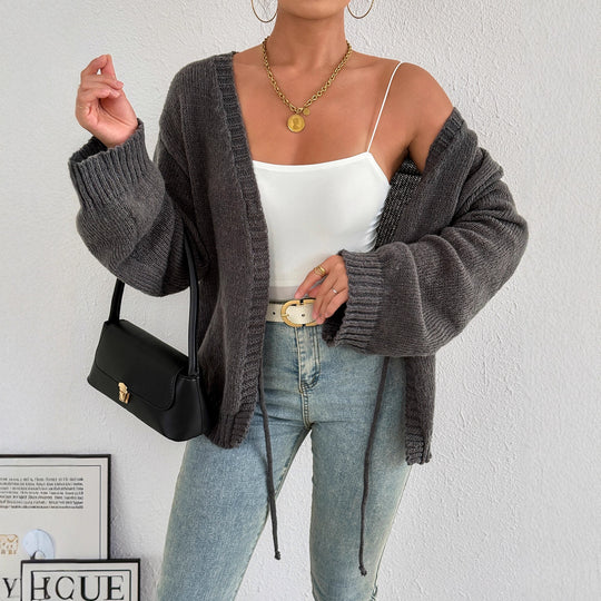 Damen gemütlicher Strickcardigan mit modernem Bindeband EB