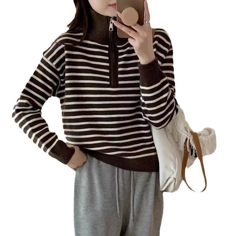 Damen Strickpullover mit kurzem Reißverschluss und modischem Streifenmuster EB