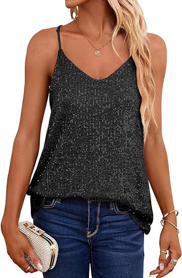Damen Funkelndes Spaghetti-Trägertop mit V-Ausschnitt und schimmernden Details EB