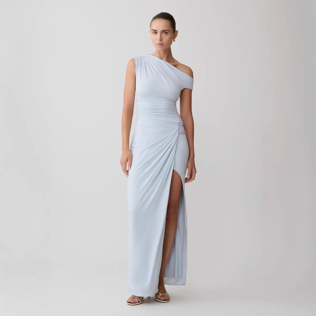Damen Elegantes Maxi-Kleid mit One-Shoulder Design und hohem Schlitz EB
