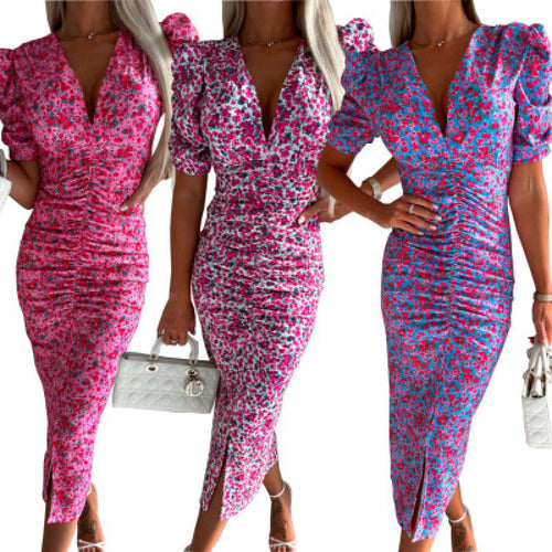 Damen Figurbetontes Midi-Kleid mit Rüschendetails und seitlichem Schlitz EB