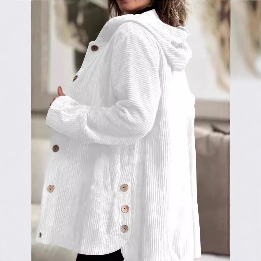 Damen Lässige cordjacke mit Kapuze und großen Knöpfen EB
