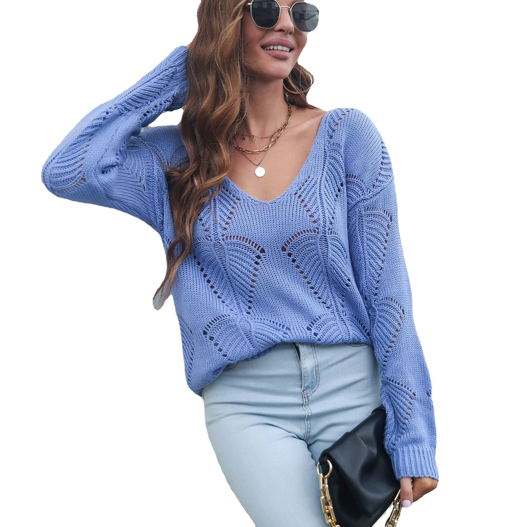 Damen Luftiger Strickpullover mit V-Ausschnitt und auffälligem Lochmuster EB