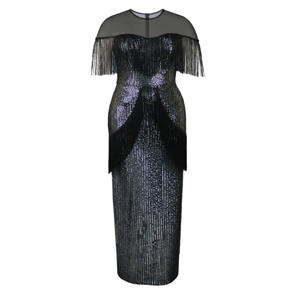 Damen Glitzerndes Abendkleid mit Fransen und transparentem Oberteil EB