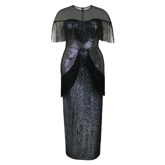 Damen Glitzerndes Abendkleid mit Fransen und transparentem Oberteil EB