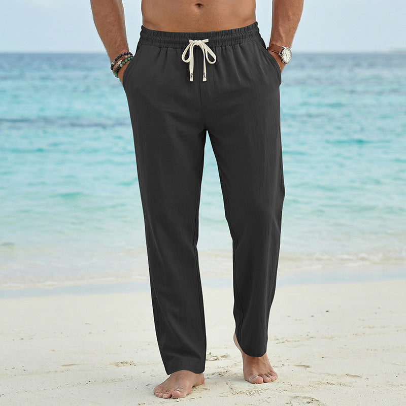 Herren Leinenoptik Relaxhose mit elastischem Bund, Tunnelzug und Seitentaschen EB
