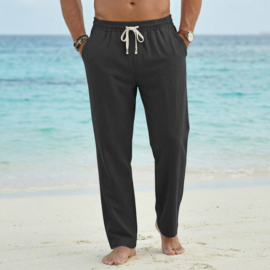 Herren Leinenoptik Relaxhose mit elastischem Bund, Tunnelzug und Seitentaschen EB