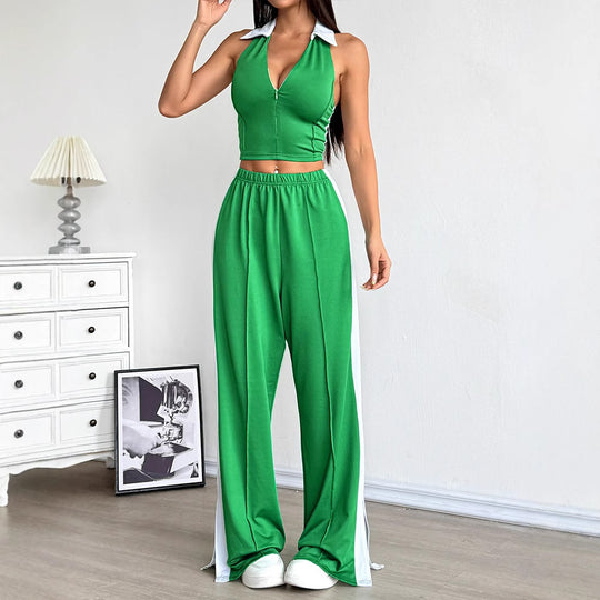 Damen Zweiteiliges Set mit cropped Oberteil und weit geschnittener Hose EB