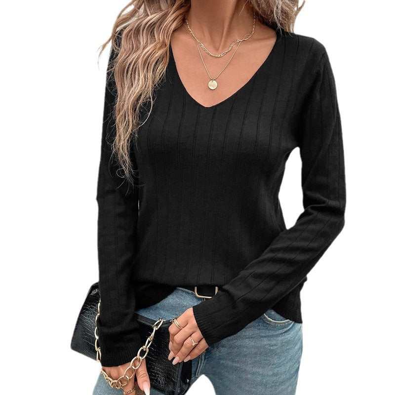 Damen V-Ausschnitt Pullover mit Rippstruktur und langen Ärmeln EB
