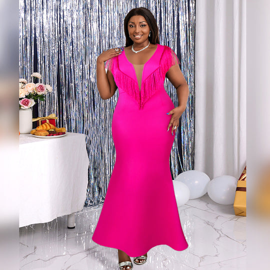 Damen Abendkleid mit schimmernden Fransen und tiefem V-Ausschnitt EB