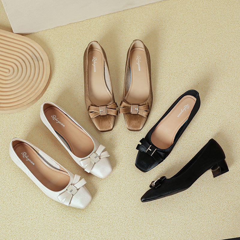 Damen elegante Ballerinas mit modischer Schleife und komfortablem Blockabsatz EB