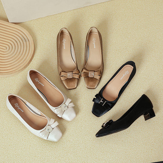 Damen elegante Ballerinas mit modischer Schleife und komfortablem Blockabsatz EB