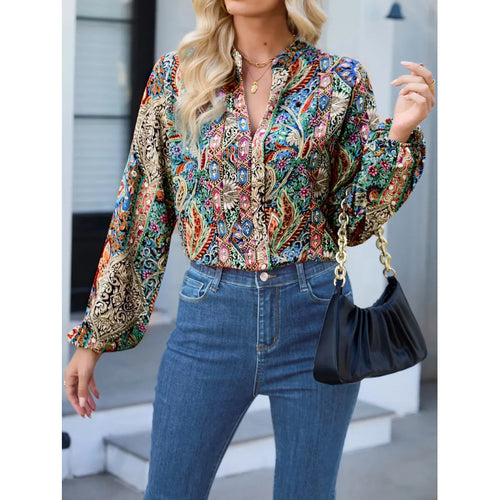 Damen elegante Bluse mit buntem Print und extravaganten Puffärmeln EB