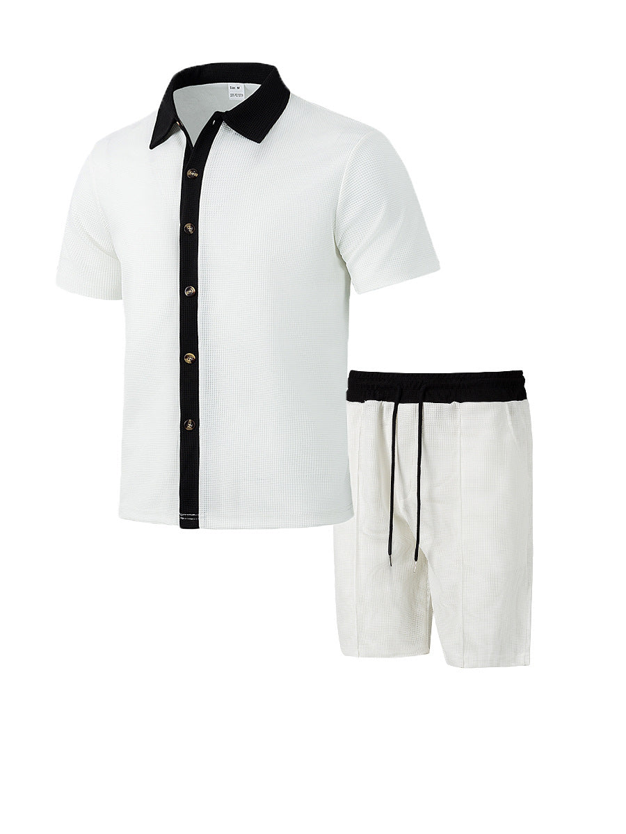 Herren nan modernes Freizeit-Set aus feinem Strukturjersey mit Hemdkragen-Knopfleiste und Kordel-Shorts EB