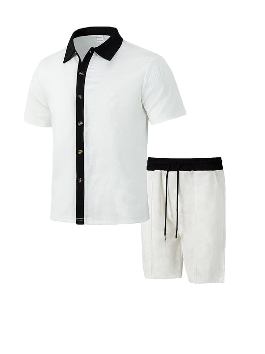 Herren nan modernes Freizeit-Set aus feinem Strukturjersey mit Hemdkragen-Knopfleiste und Kordel-Shorts EB
