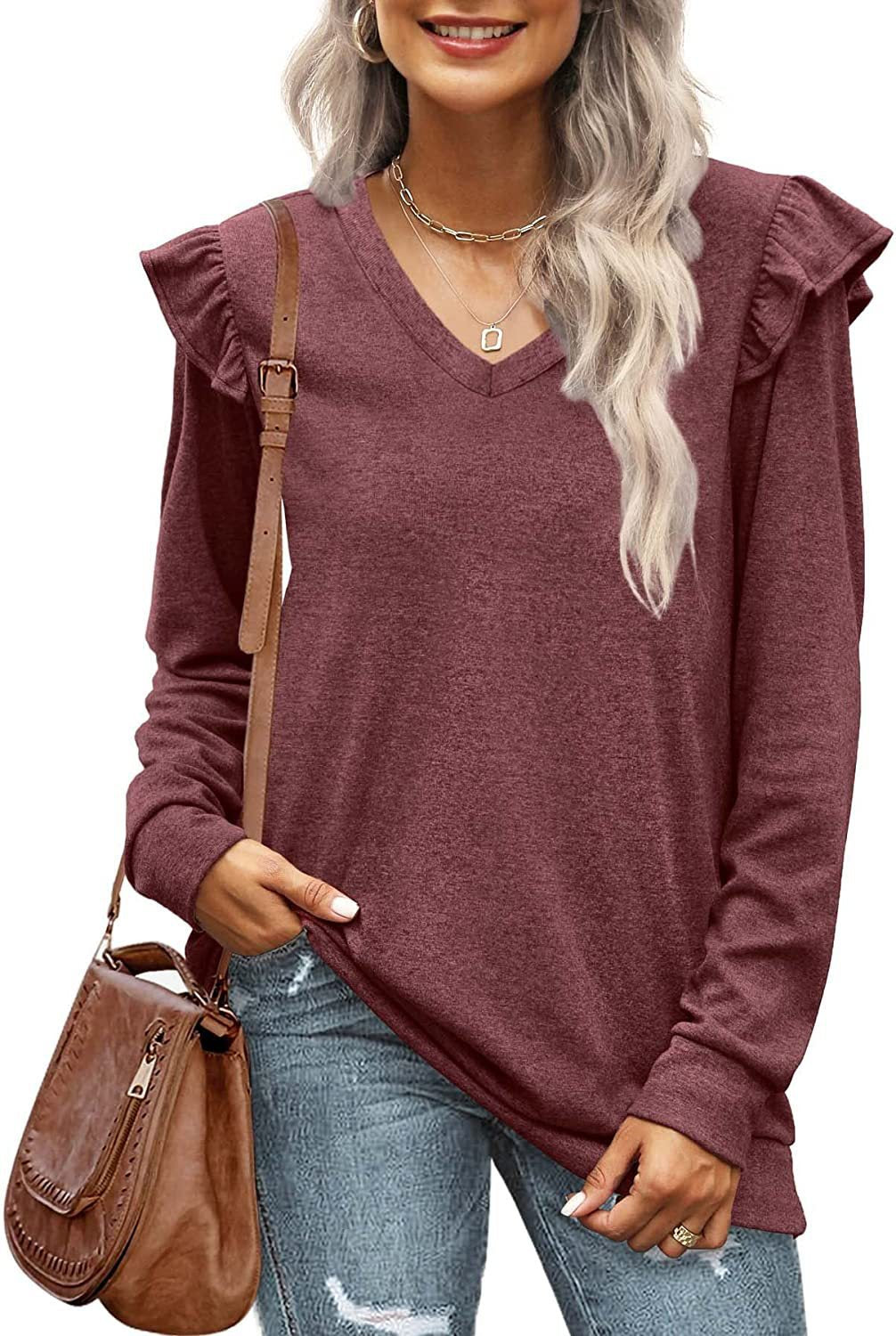 Damen V-Ausschnitt Langarmshirt mit Rüschendetails und lockerem Schnitt EB
