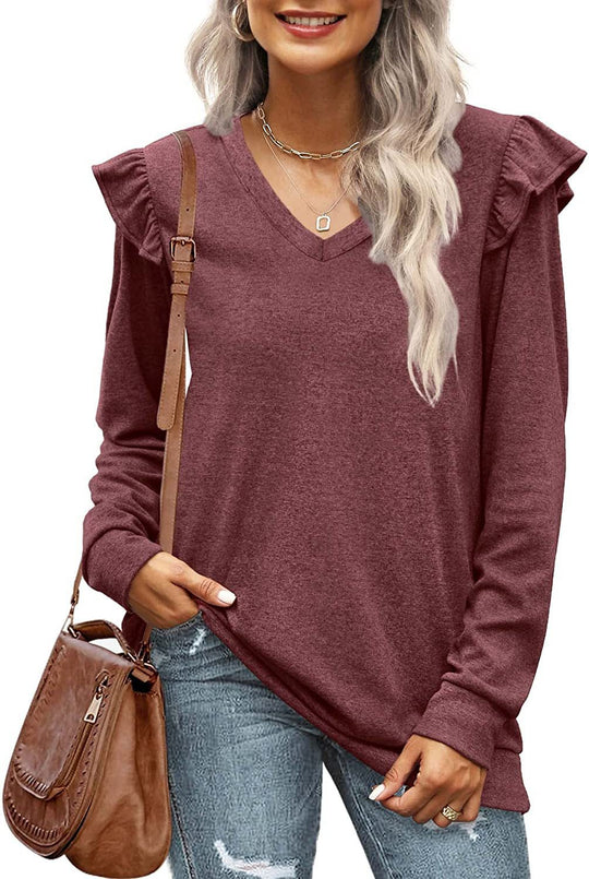 Damen V-Ausschnitt Langarmshirt mit Rüschendetails und lockerem Schnitt EB