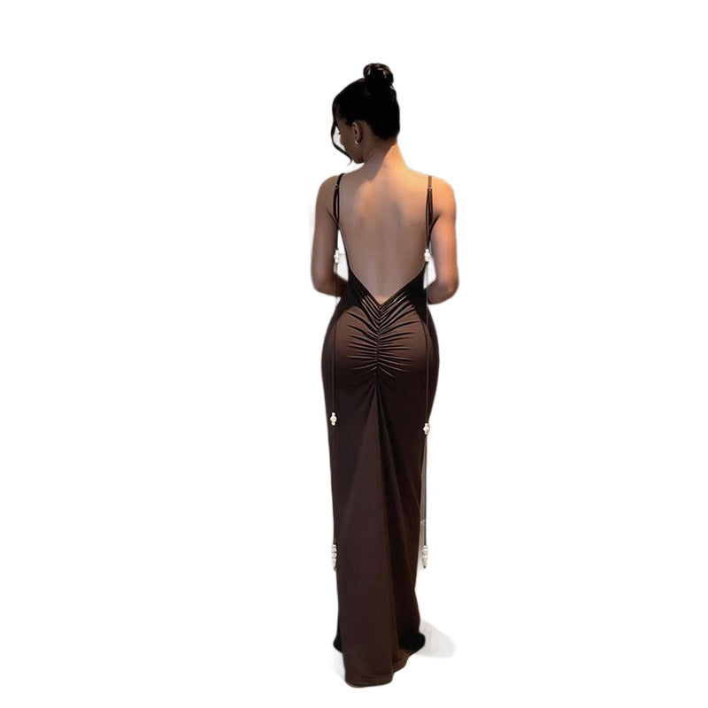 Damen Körperbetontes Maxikleid mit tiefem Rückenausschnitt und Rüschendetails EB