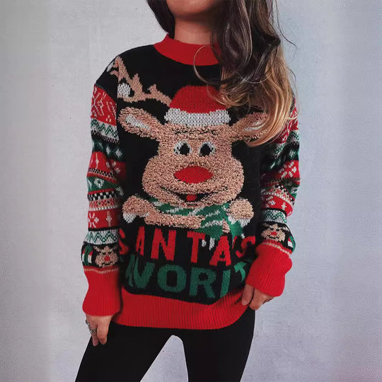 Damen Weihnachts-Pullover mit festlichem Rentier-Motiv und bunten Mustern EB