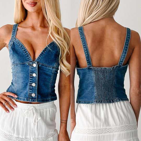 Damen Denim Bustier-Oberteil mit Knopfverschluss und verführerischem Ausschnitt EB