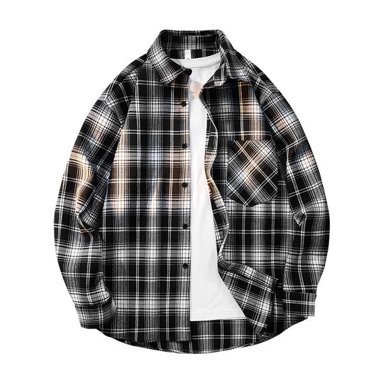 Herren nan kariertes Oversized Flanellhemd mit aufgesetzter Brusttasche, Rundem Saum und durchgeknöpfter Vorderseite EB