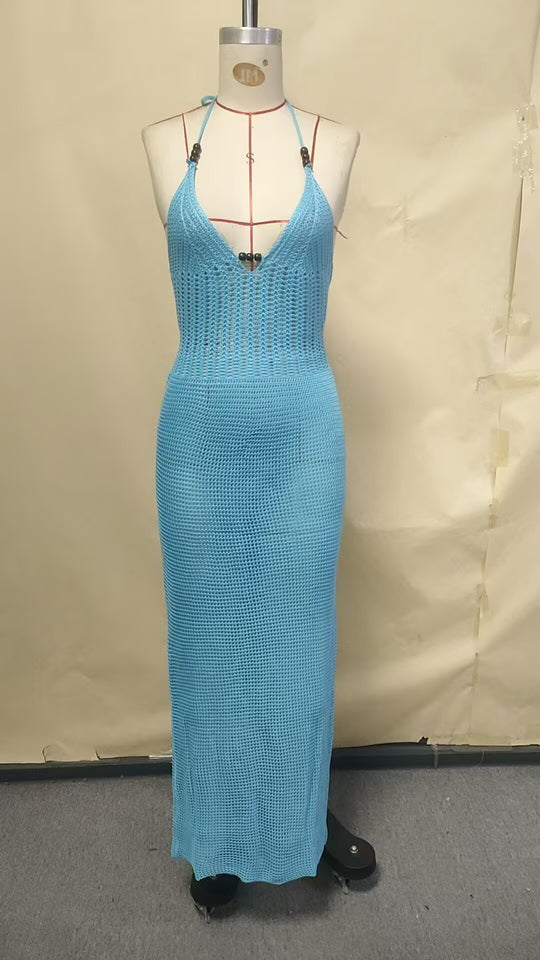 Damen gehäkeltes Strandkleid mit tiefem V-Ausschnitt und herausragenden Details EB