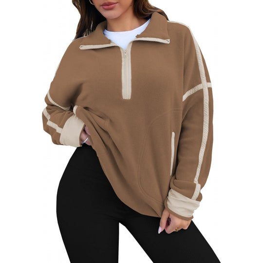Damen Fleecpullover mit halbem Reißverschluss und kontrastierenden Ärmeln EB