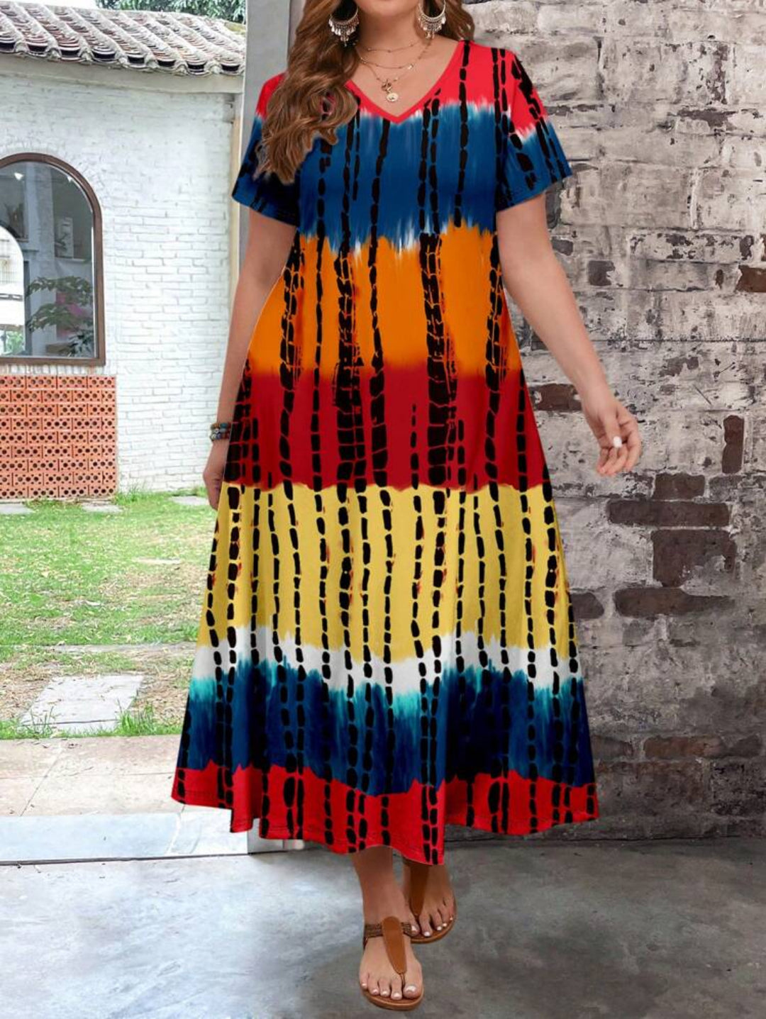 Damen Maxikleid mit modernem Farbverlauf und grafischem Muster EB