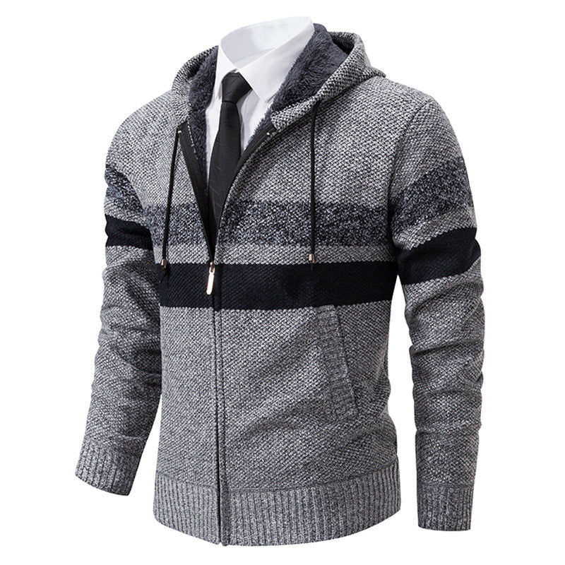 Herren nan gefütterte Kapuzen-Strickjacke mit Teddyfutter, durchgehendem Reißverschluss und kontrastierenden Streifen EB