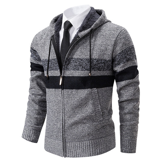 Herren nan gefütterte Kapuzen-Strickjacke mit Teddyfutter, durchgehendem Reißverschluss und kontrastierenden Streifen EB