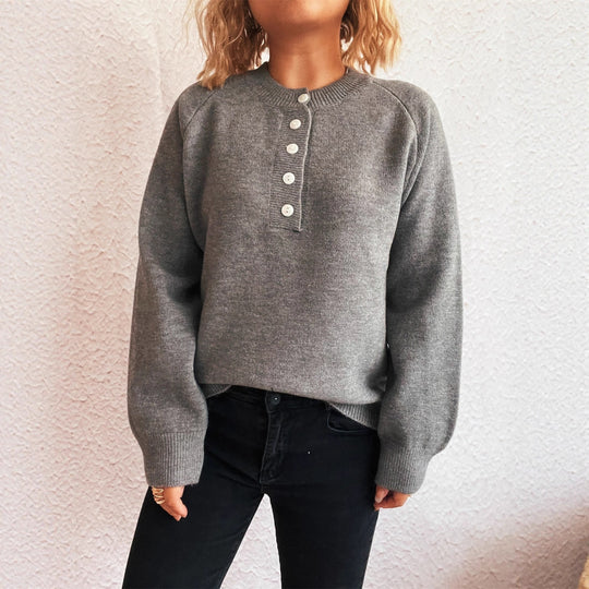 Damen gemütlicher Strickpullover mit Knopfdetails EB